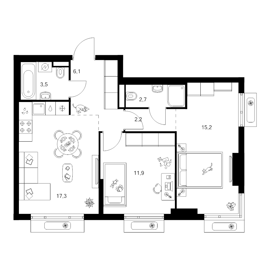 3 ккв (Евро) 58,9 м²