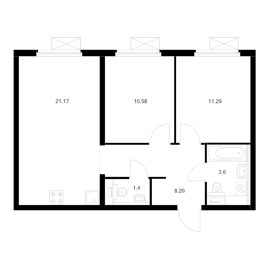 3 ккв (Евро) 55 м²