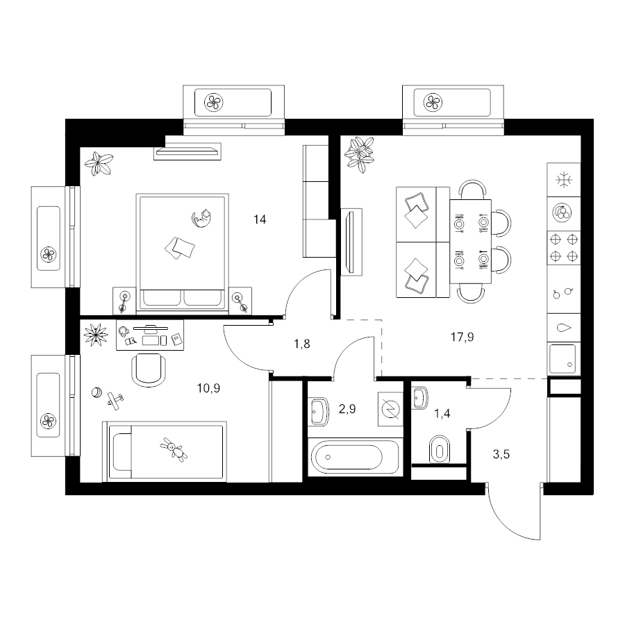 3 ккв (Евро) 52,4 м²