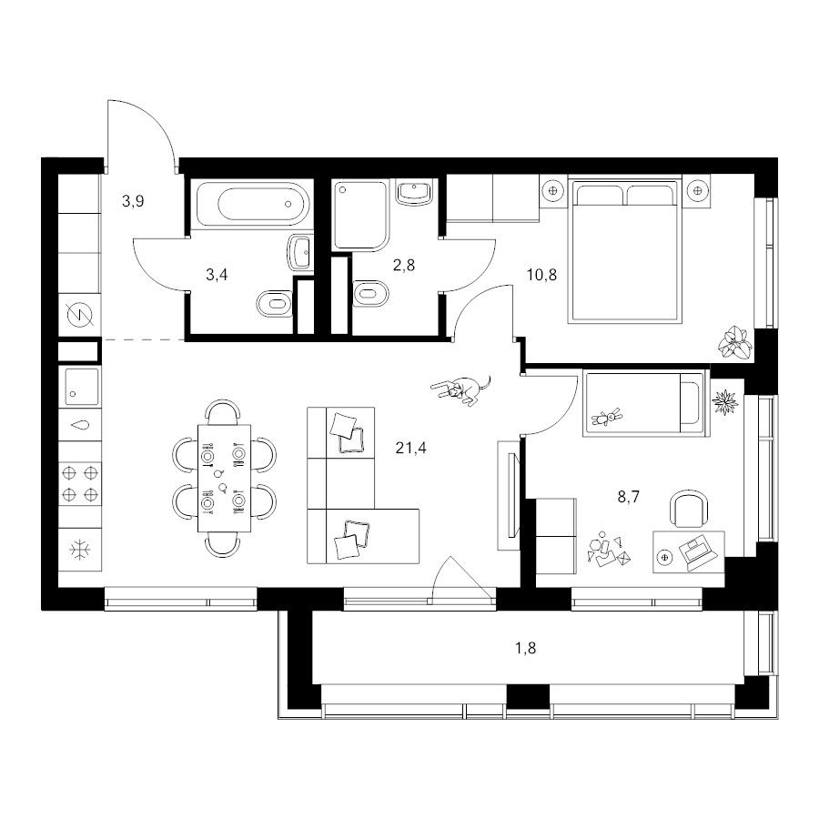 3 ккв (Евро) 52,8 м²