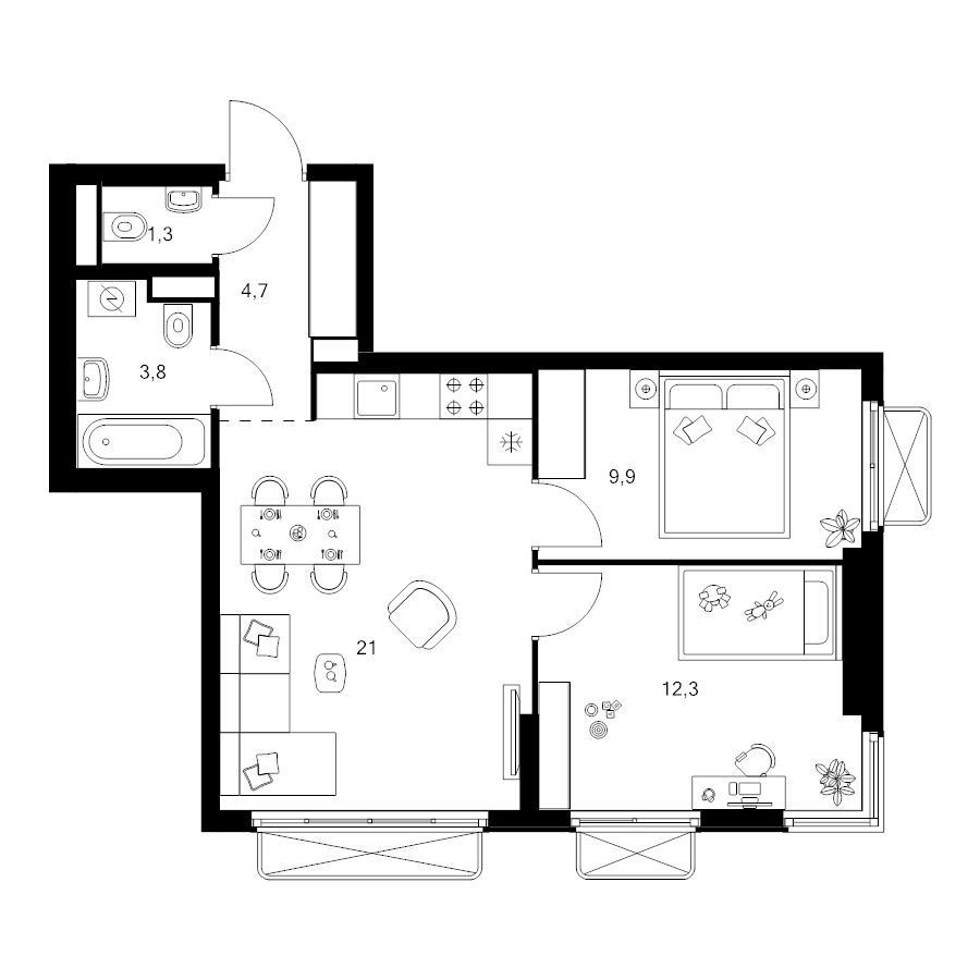 3 ккв (Евро) 53 м²