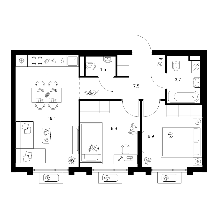 3 ккв (Евро) 50,6 м²