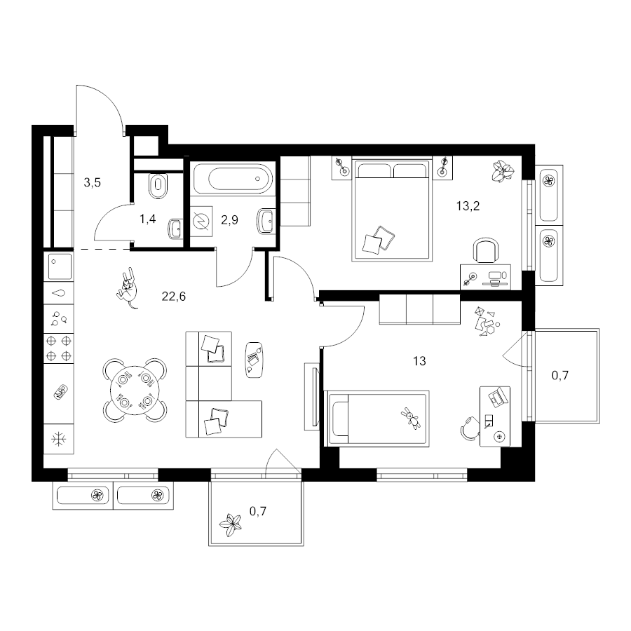 3 ккв (Евро) 58 м²
