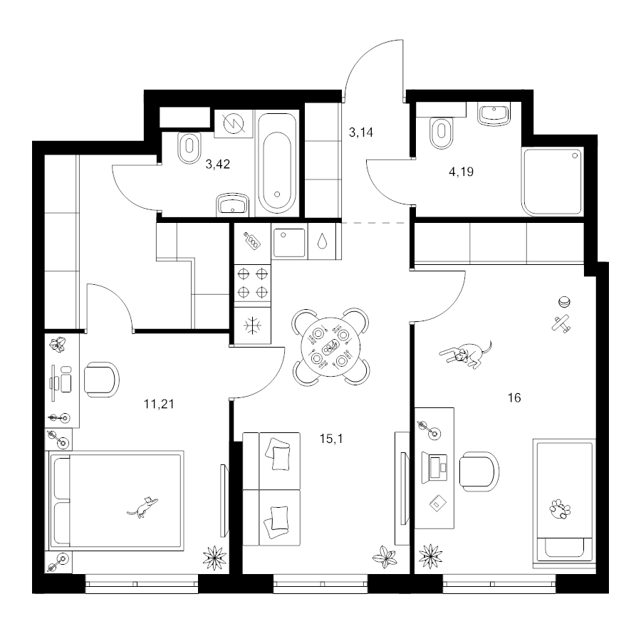 3 ккв (Евро) 59,9 м²