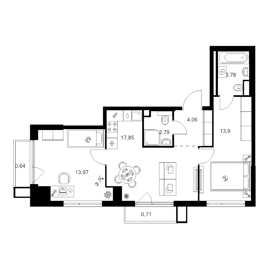 3 ккв (Евро) 58 м²