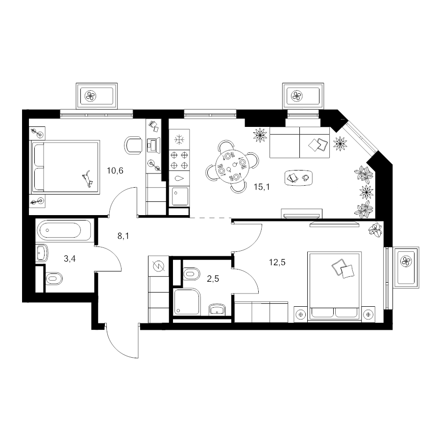 3 ккв (Евро) 52,2 м²