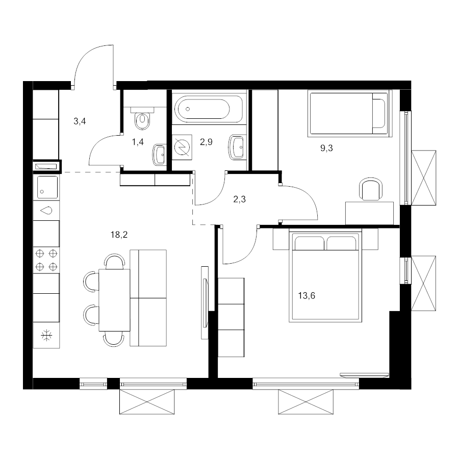 3 ккв (Евро) 51,1 м²