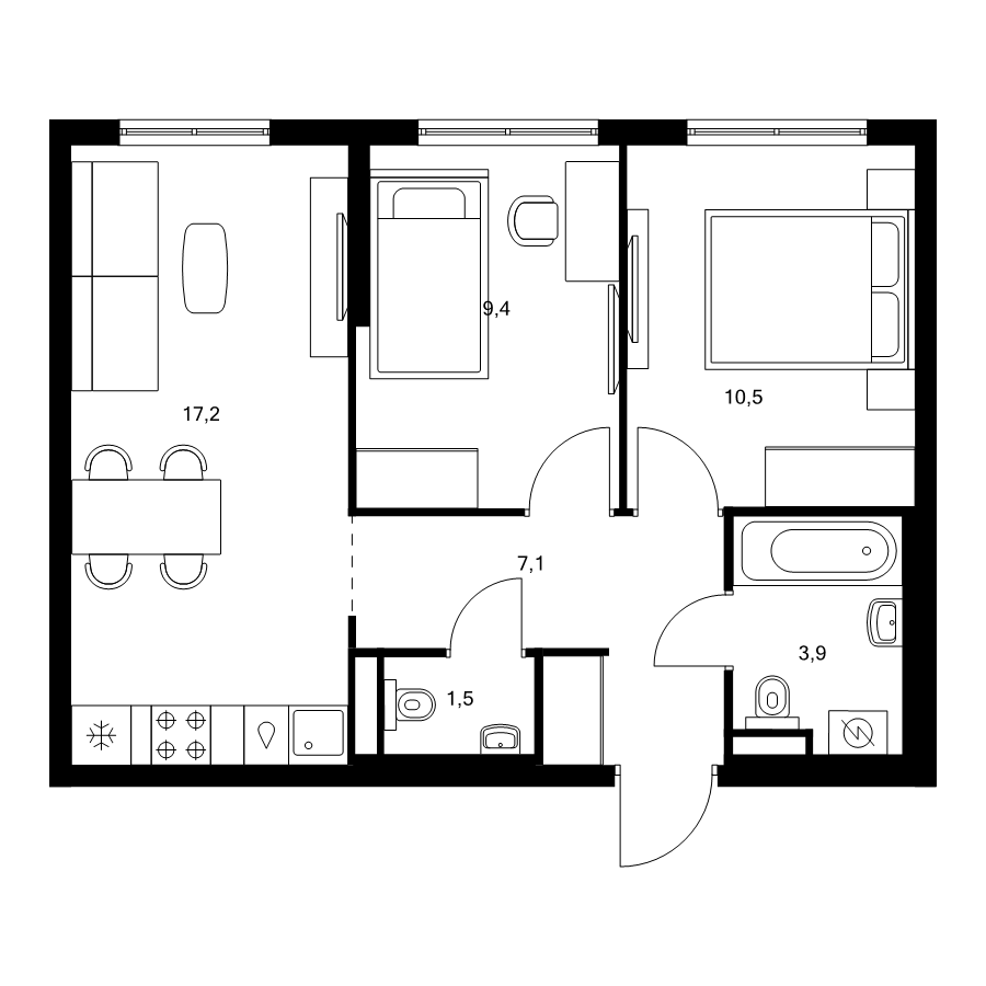 3 ккв (Евро) 49,6 м²