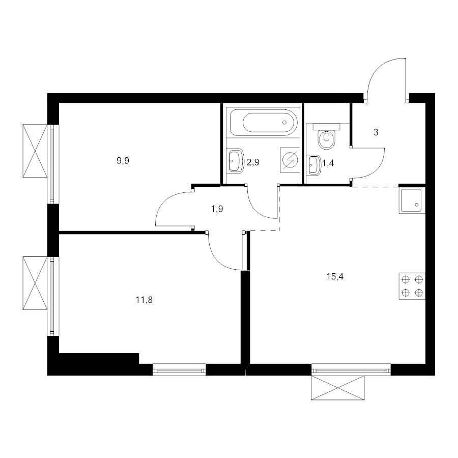 3 ккв (Евро) 44,5 м²