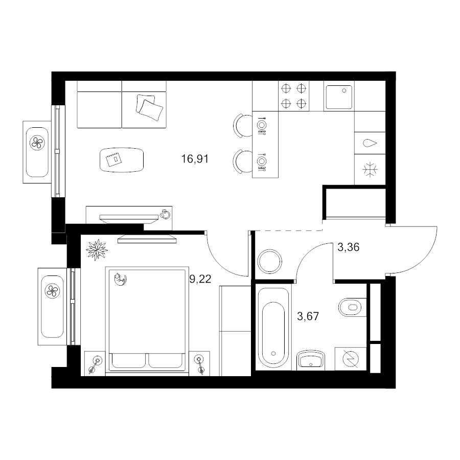 2 ккв (Евро) 33,2 м²