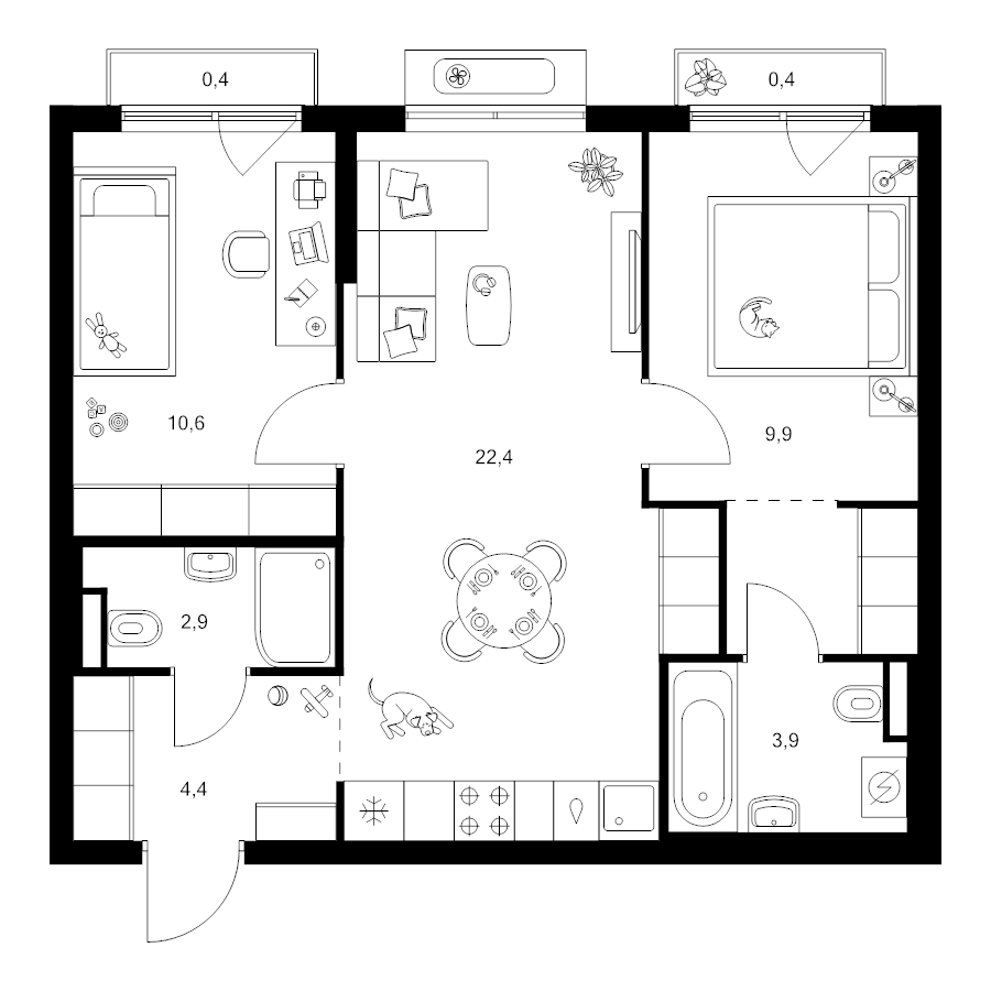 3 ккв (Евро) 57,8 м²