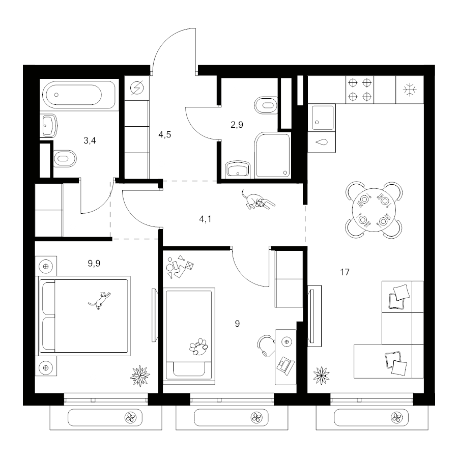 3 ккв (Евро) 52,7 м²