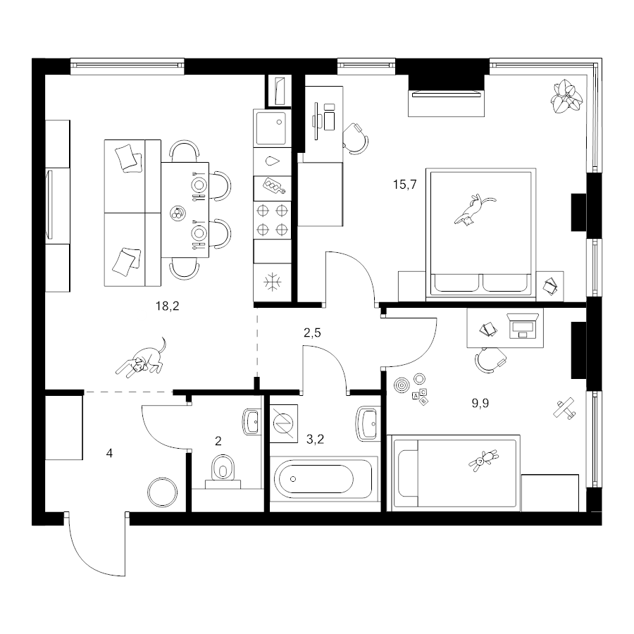 3 ккв (Евро) 55,5 м²
