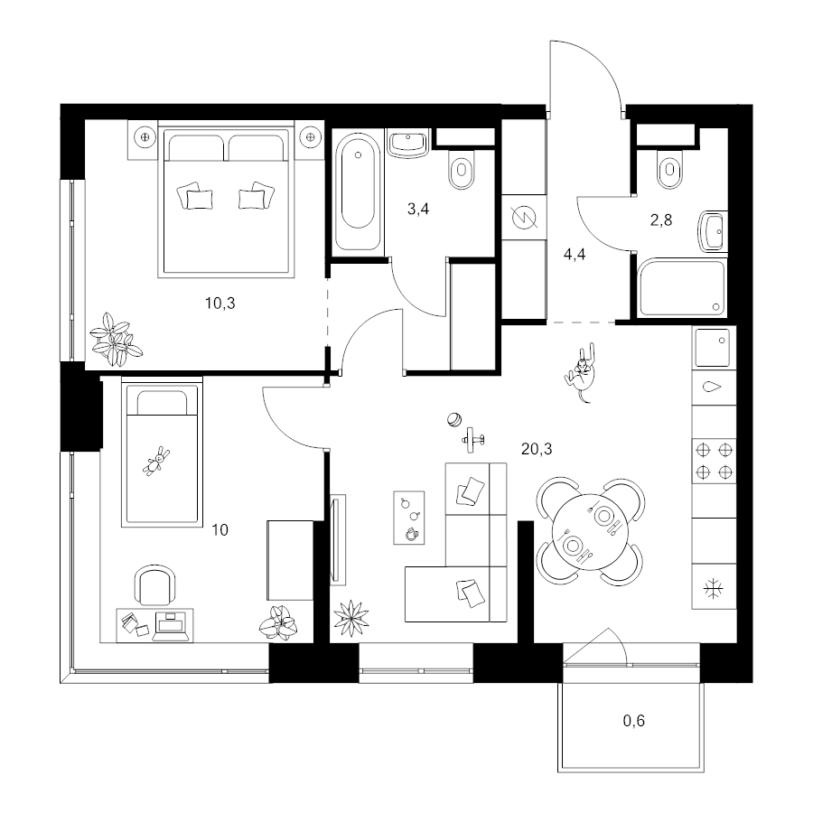 3 ккв (Евро) 54,7 м²
