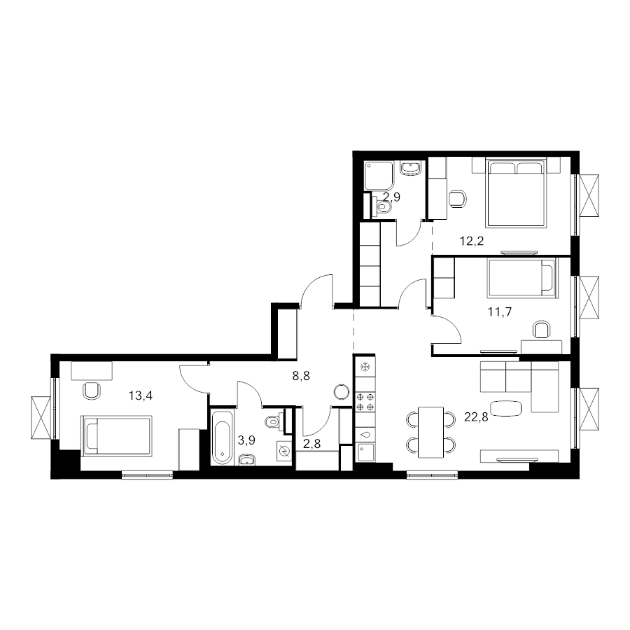 4 ккв (Евро) 83,8 м²