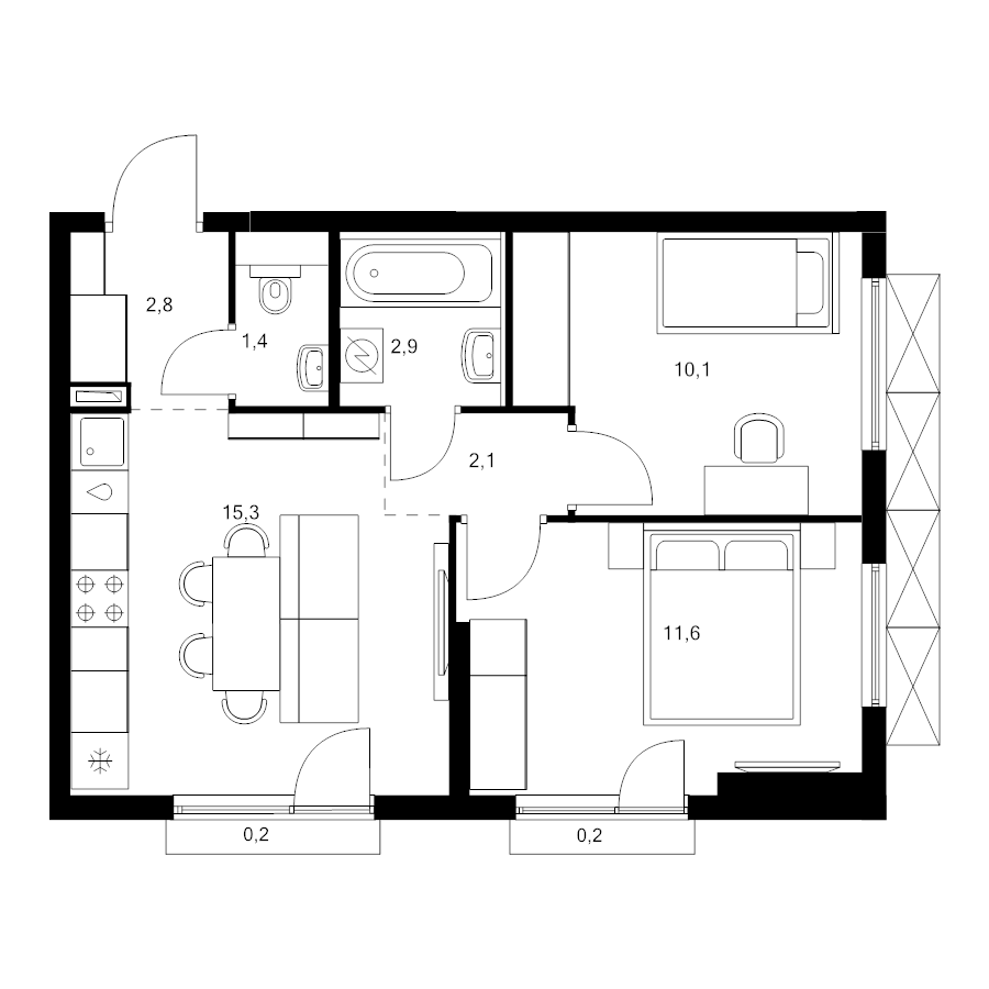 3 ккв (Евро) 46,6 м²