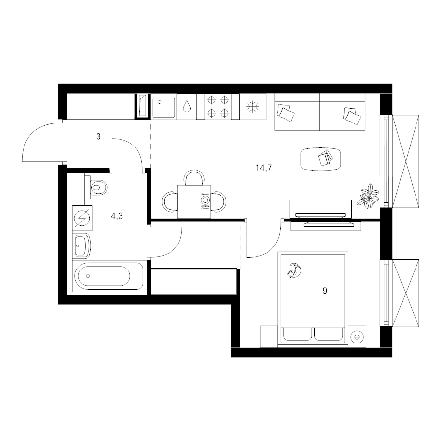 1 ккв 34,3 м²