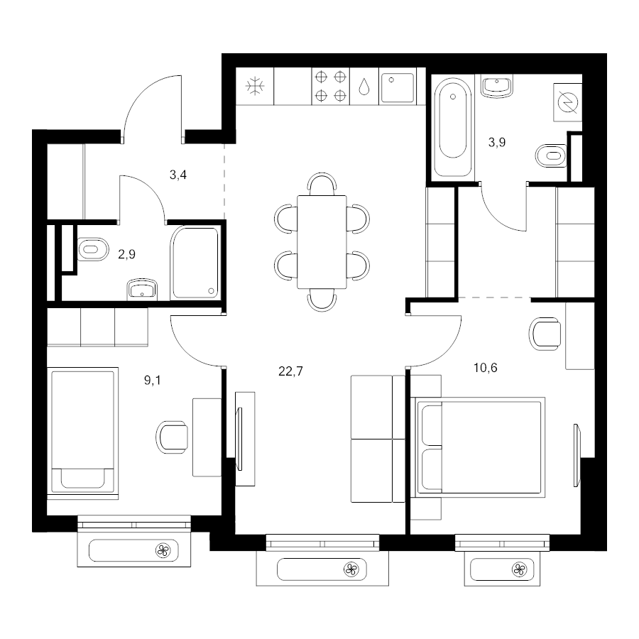 3 ккв (Евро) 56,4 м²