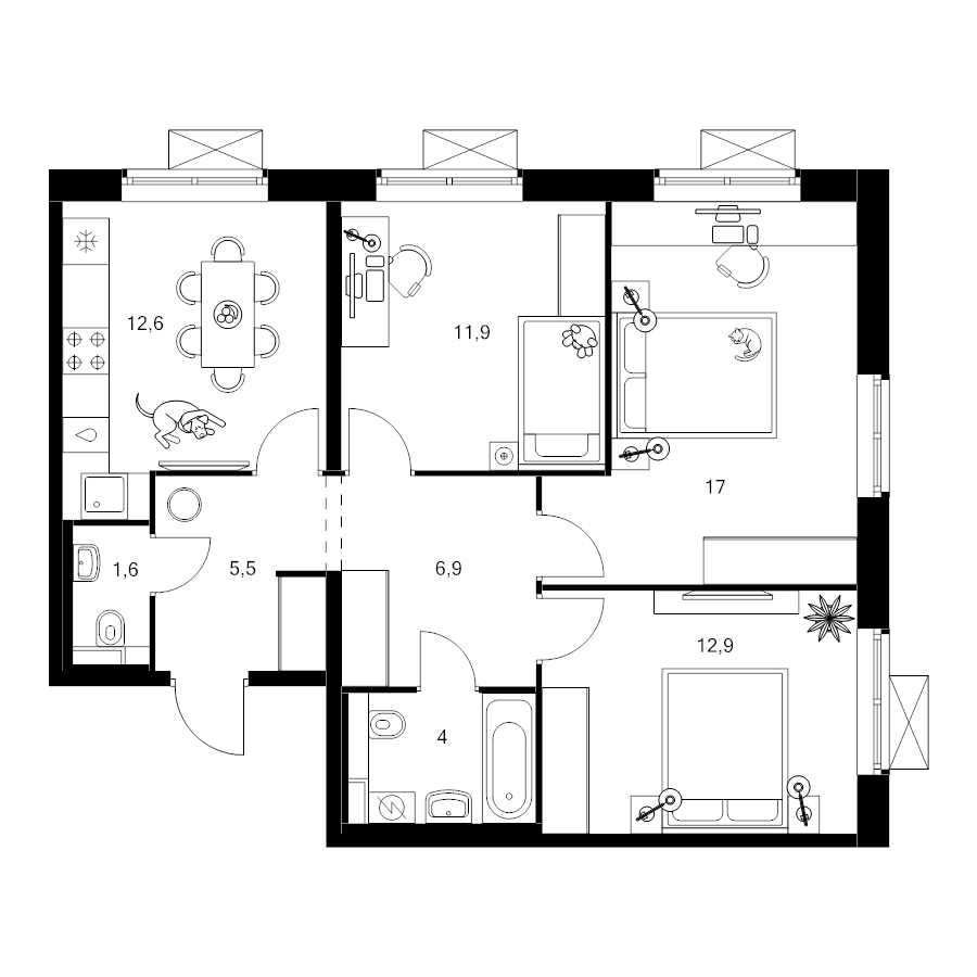 3 ккв 73,6 м²