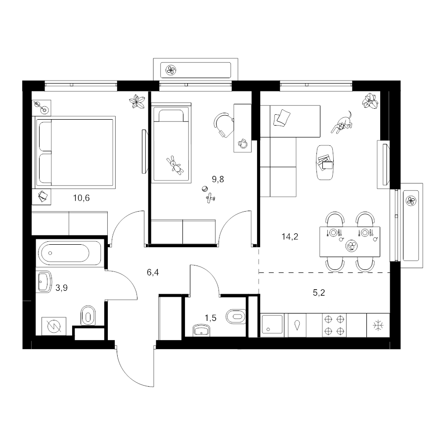 3 ккв (Евро) 51,6 м²