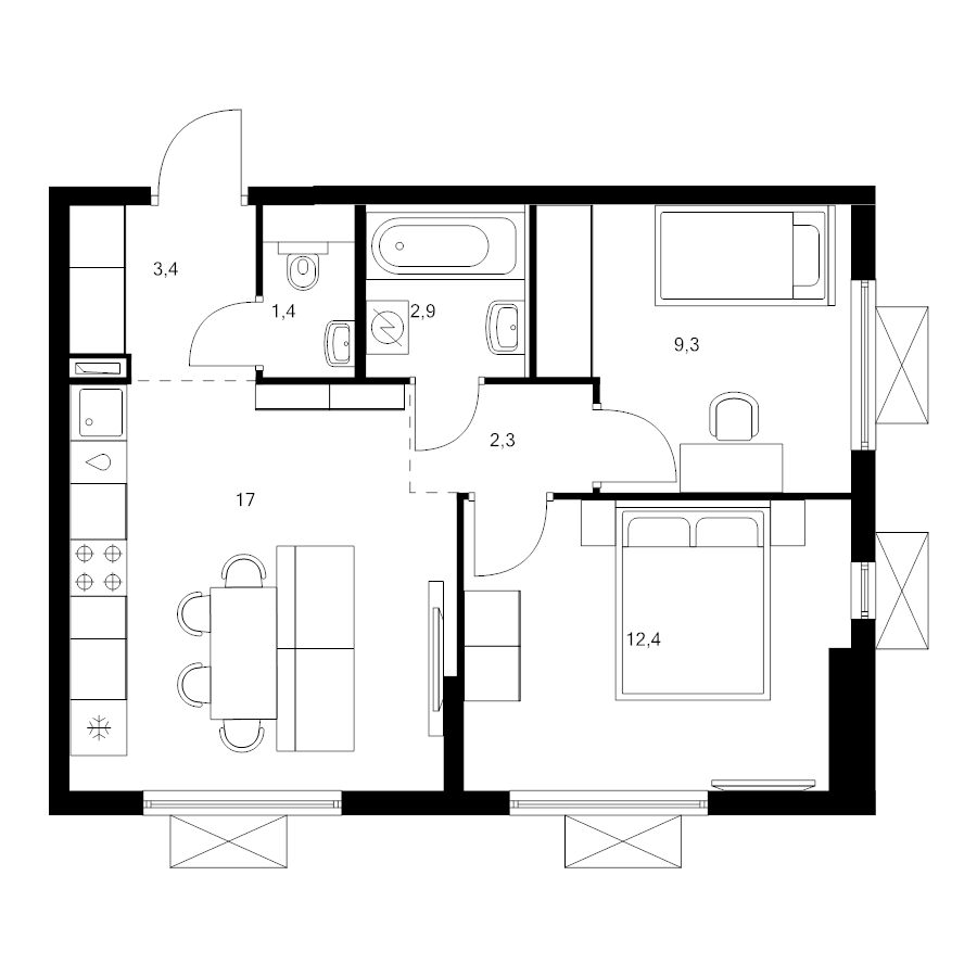 3 ккв (Евро) 48,7 м²