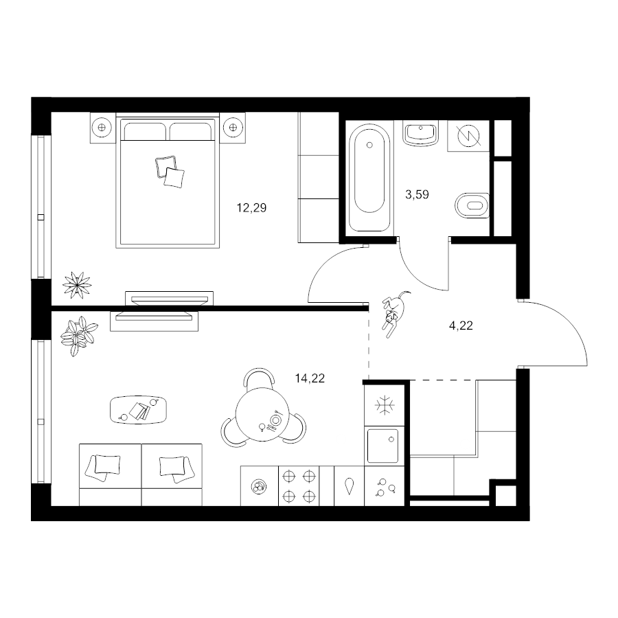 1 ккв 36,8 м²
