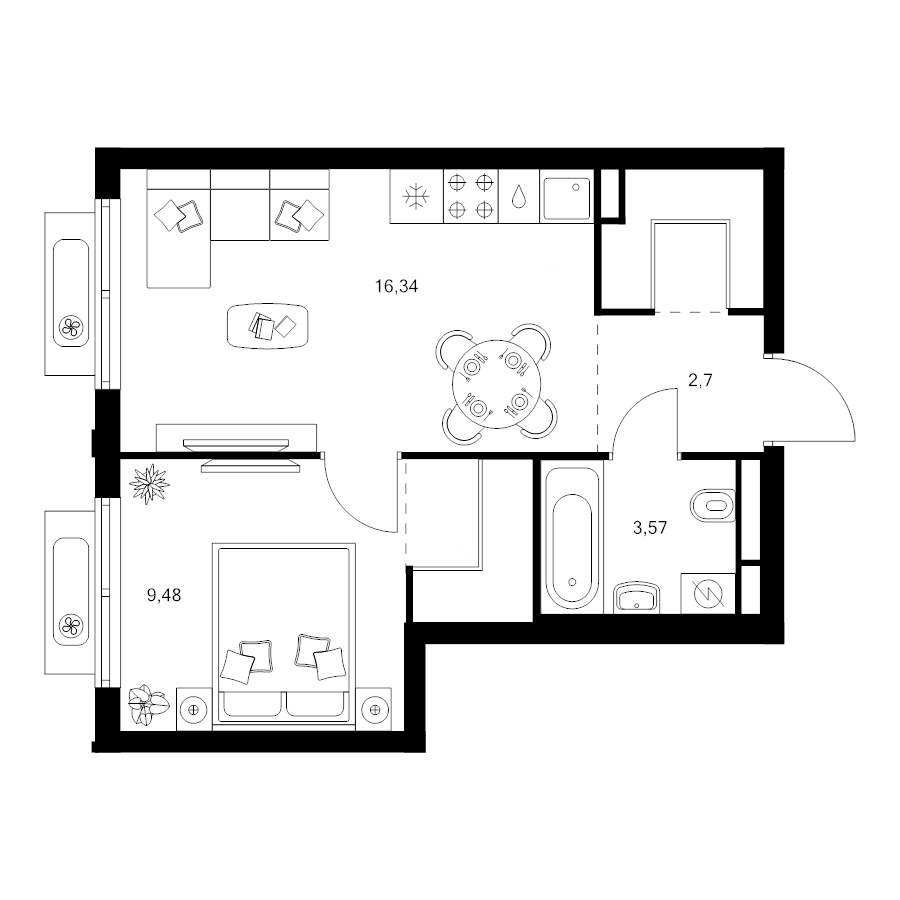 2 ккв (Евро) 37,2 м²
