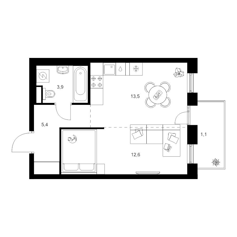 1 ккв 36,5 м²