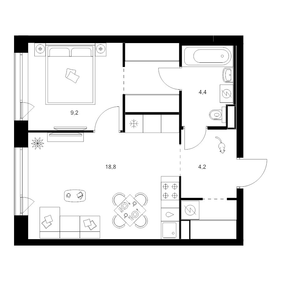 2 ккв (Евро) 42,9 м²