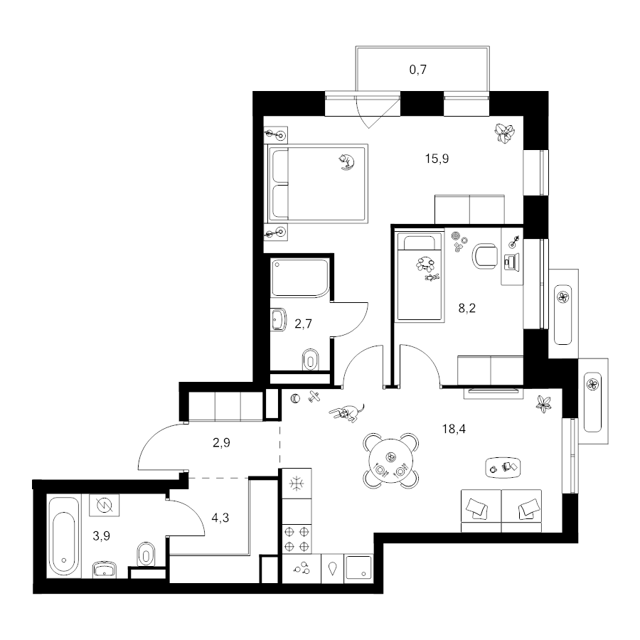 3 ккв (Евро) 57 м²