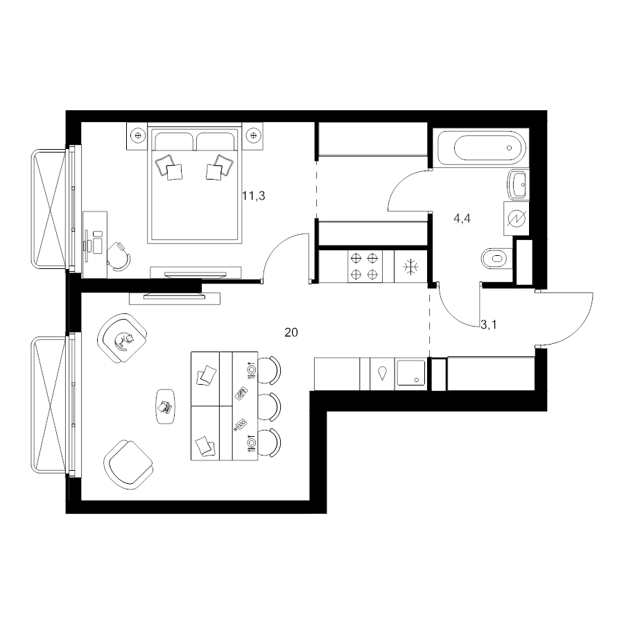 2 ккв (Евро) 42,9 м²