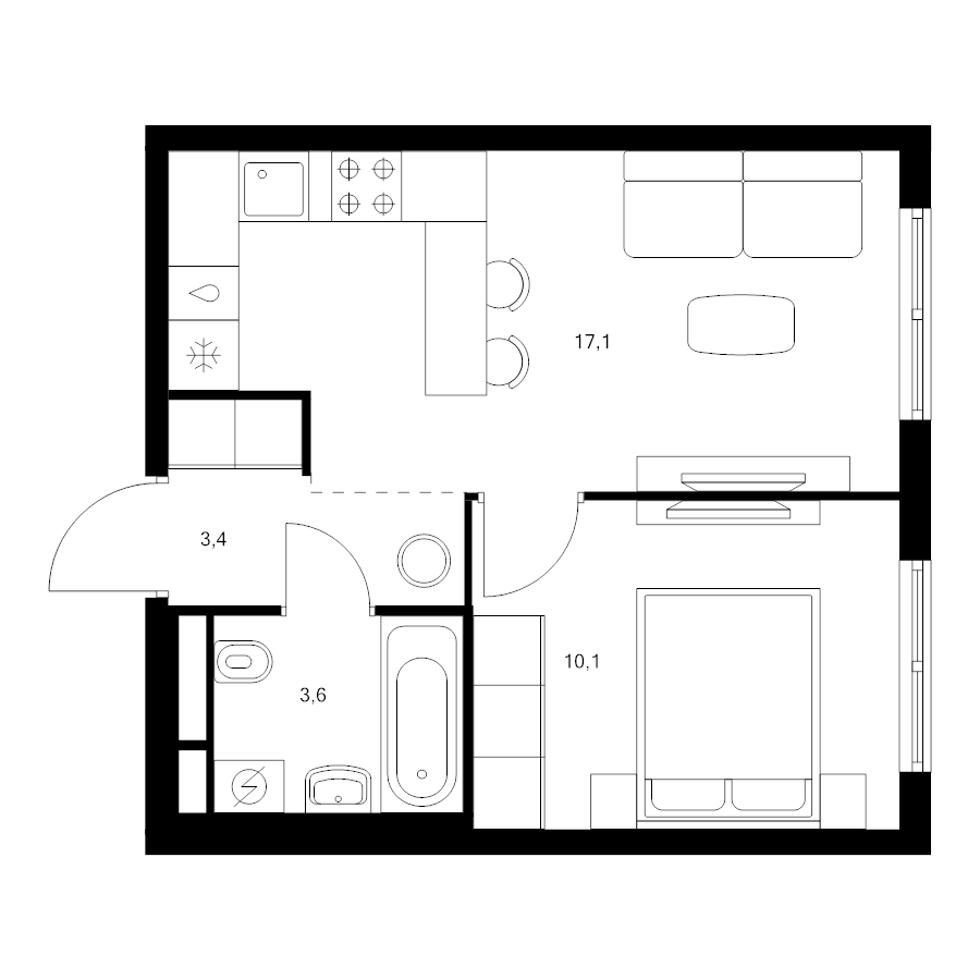 2 ккв (Евро) 34,2 м²