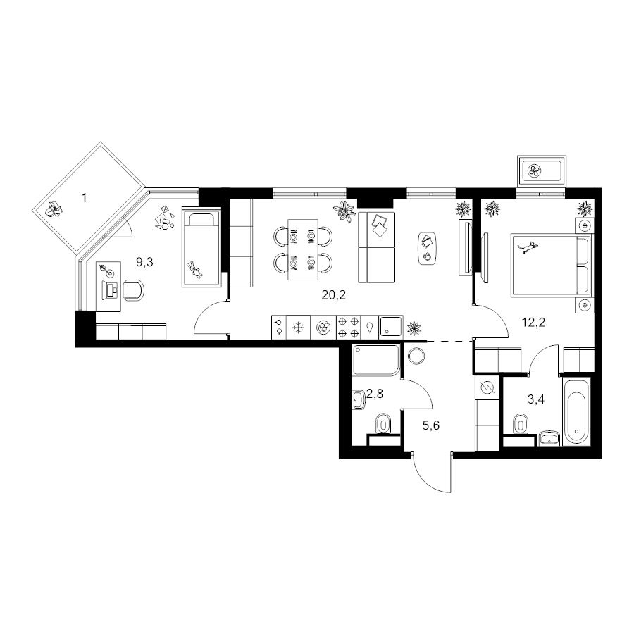 3 ккв (Евро) 54,5 м²