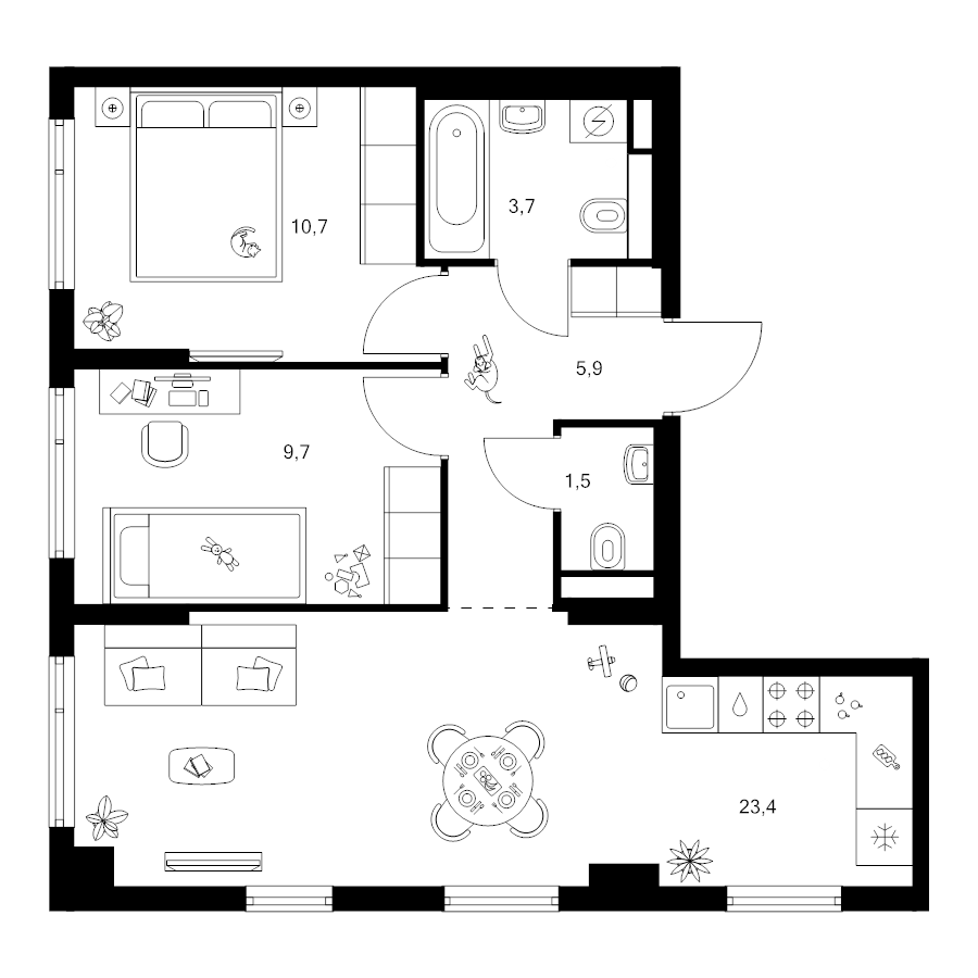 3 ккв (Евро) 54,9 м²