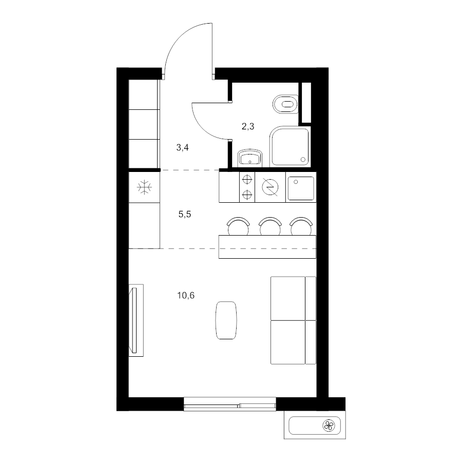 Студия 21,8 м²