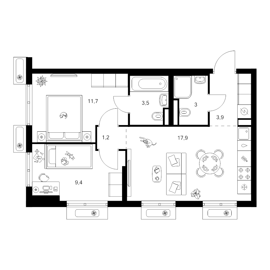 3 ккв (Евро) 50,6 м²