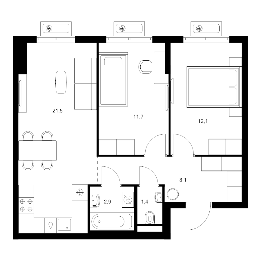 3 ккв (Евро) 57,7 м²