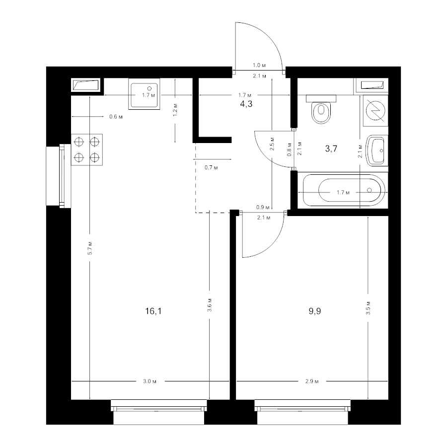 2 ккв (Евро) 34 м²