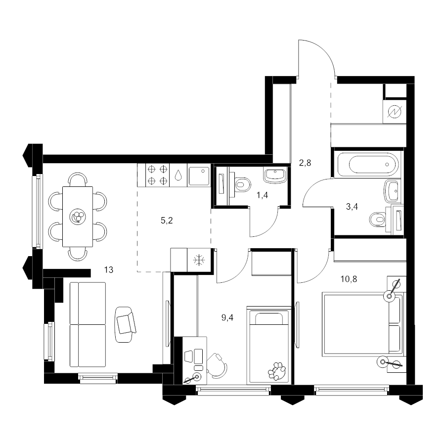 3 ккв (Евро) 53 м²