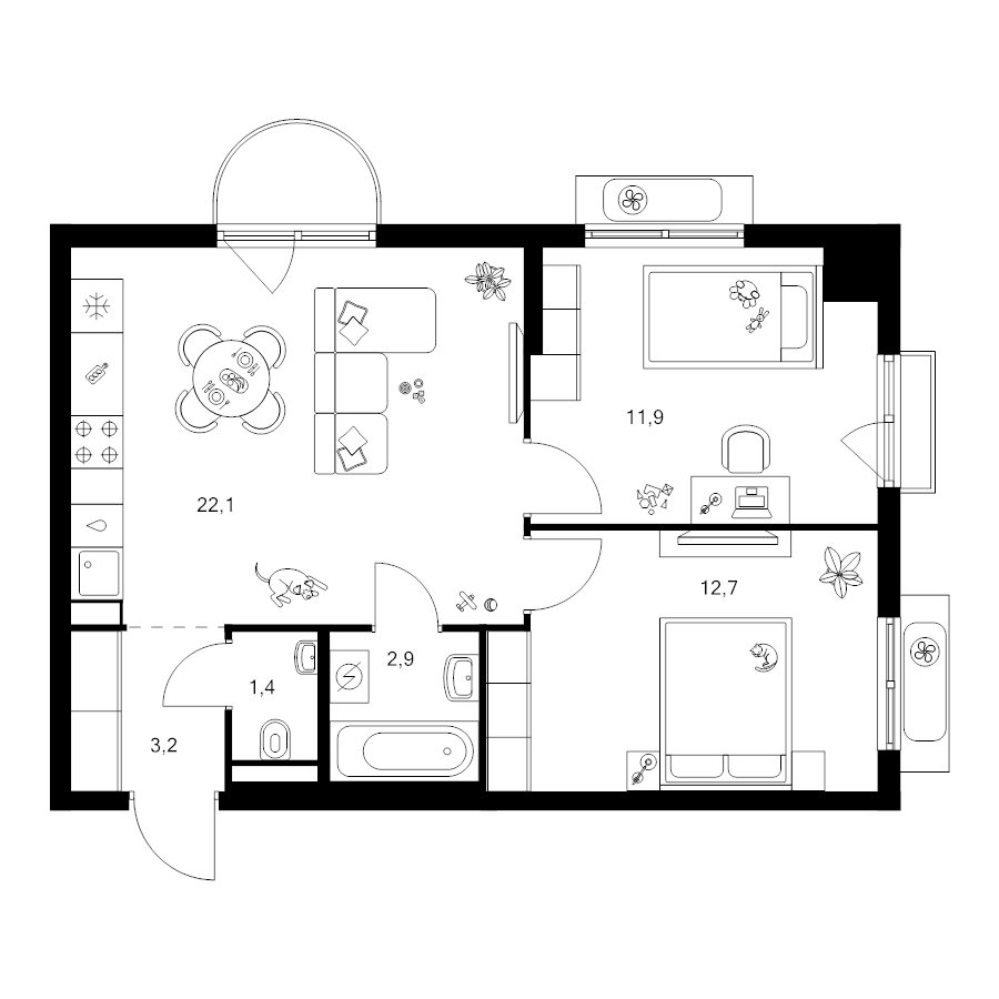 3 ккв (Евро) 54,9 м²