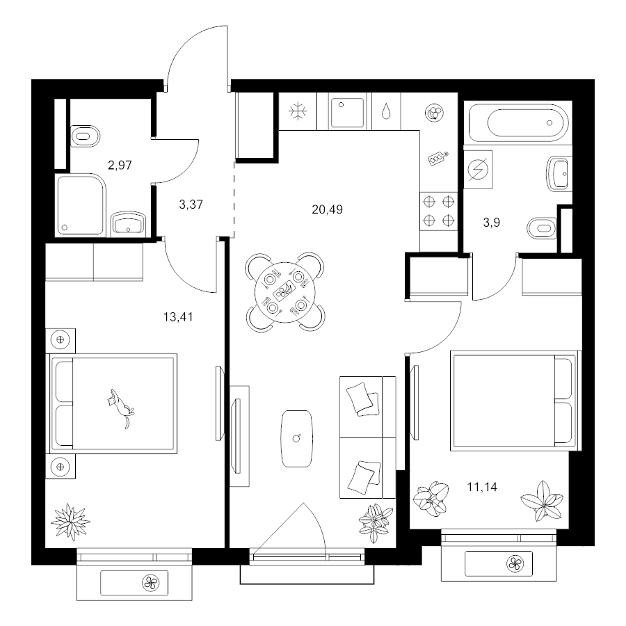 3 ккв (Евро) 55,3 м²
