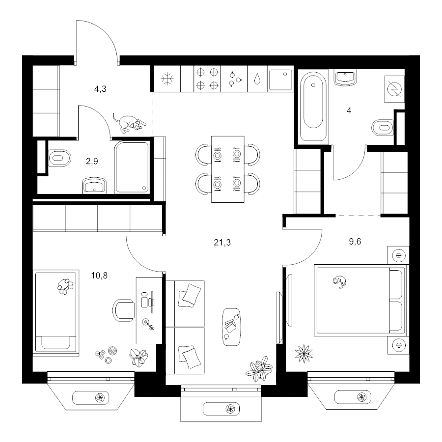3 ккв (Евро) 55,6 м²