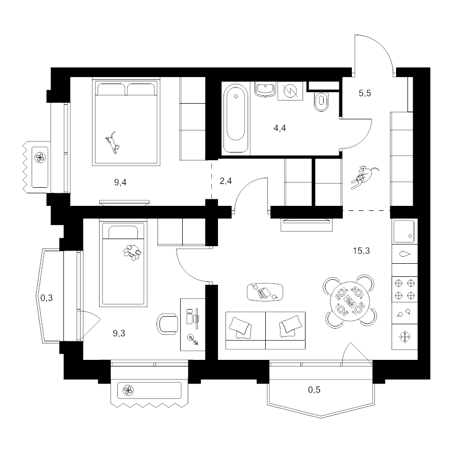 3 ккв (Евро) 47,1 м²