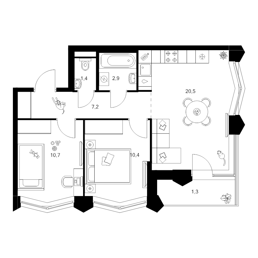 3 ккв (Евро) 54,4 м²