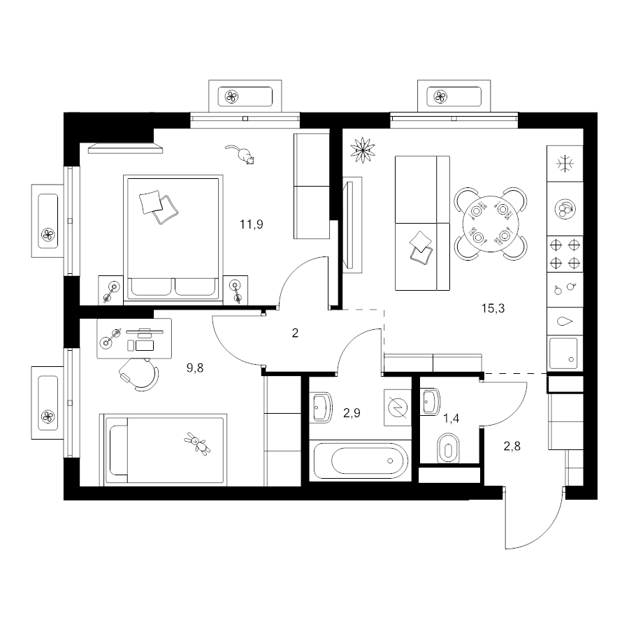 3 ккв (Евро) 46,1 м²