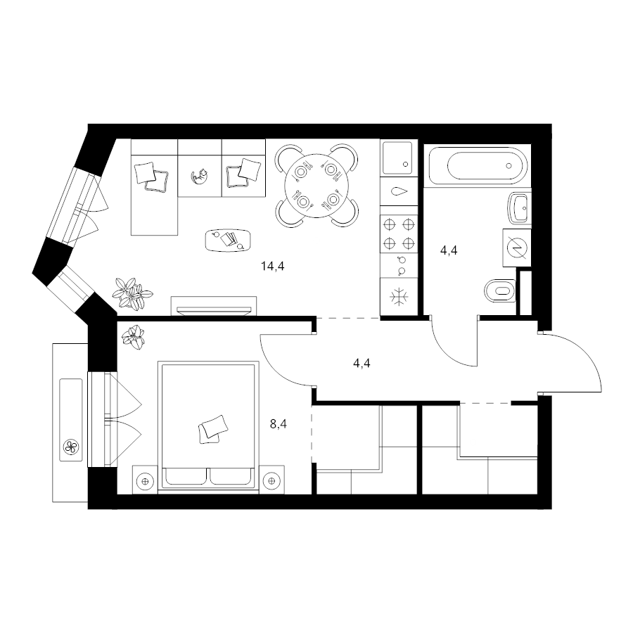 1 ккв 36,5 м²