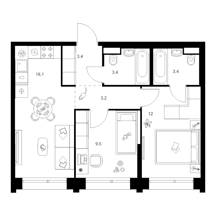 3 ккв (Евро) 50,9 м²