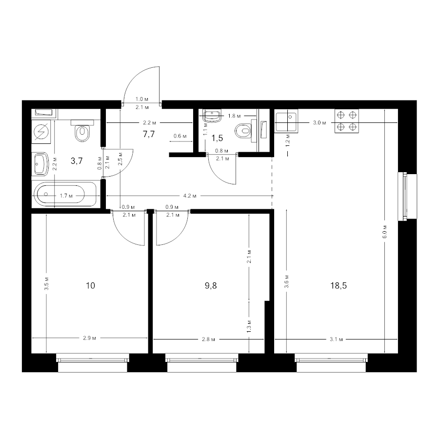 3 ккв (Евро) 51,2 м²