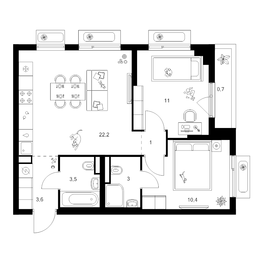 3 ккв (Евро) 55,4 м²
