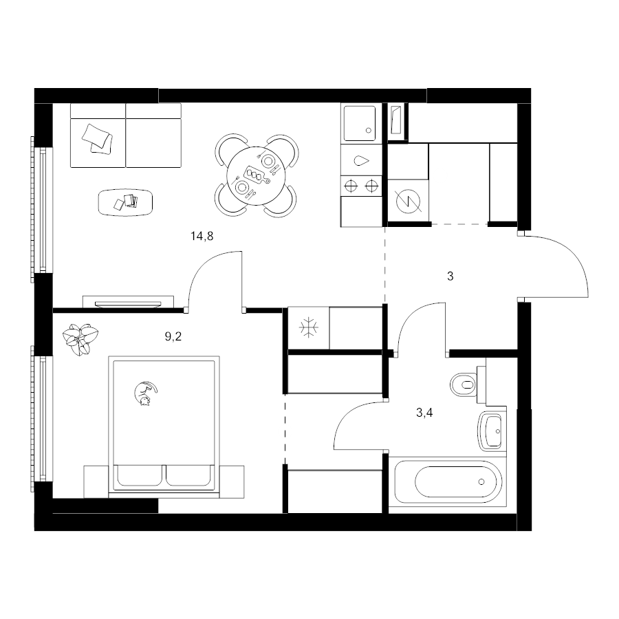 1 ккв 36,8 м²